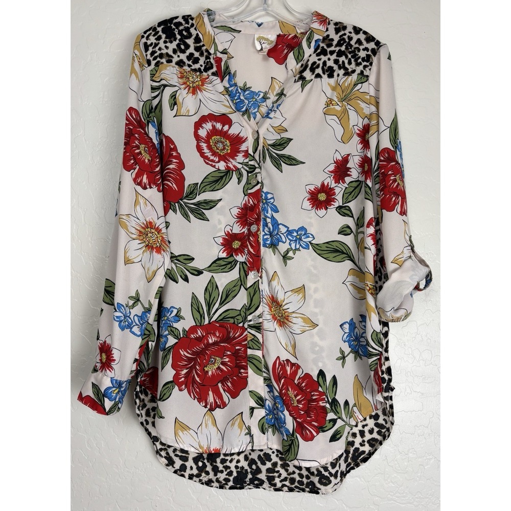 Fig And Flower Leopard Floral Mixed Print Boho Blouse Sz M Roll Tab Sleeves 2021